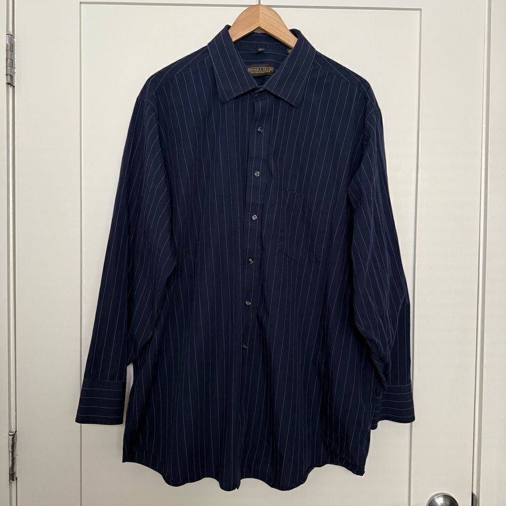 Donald J Trump Shirt Mens 18 34/35 Blue Striped Button Up Signature Collection